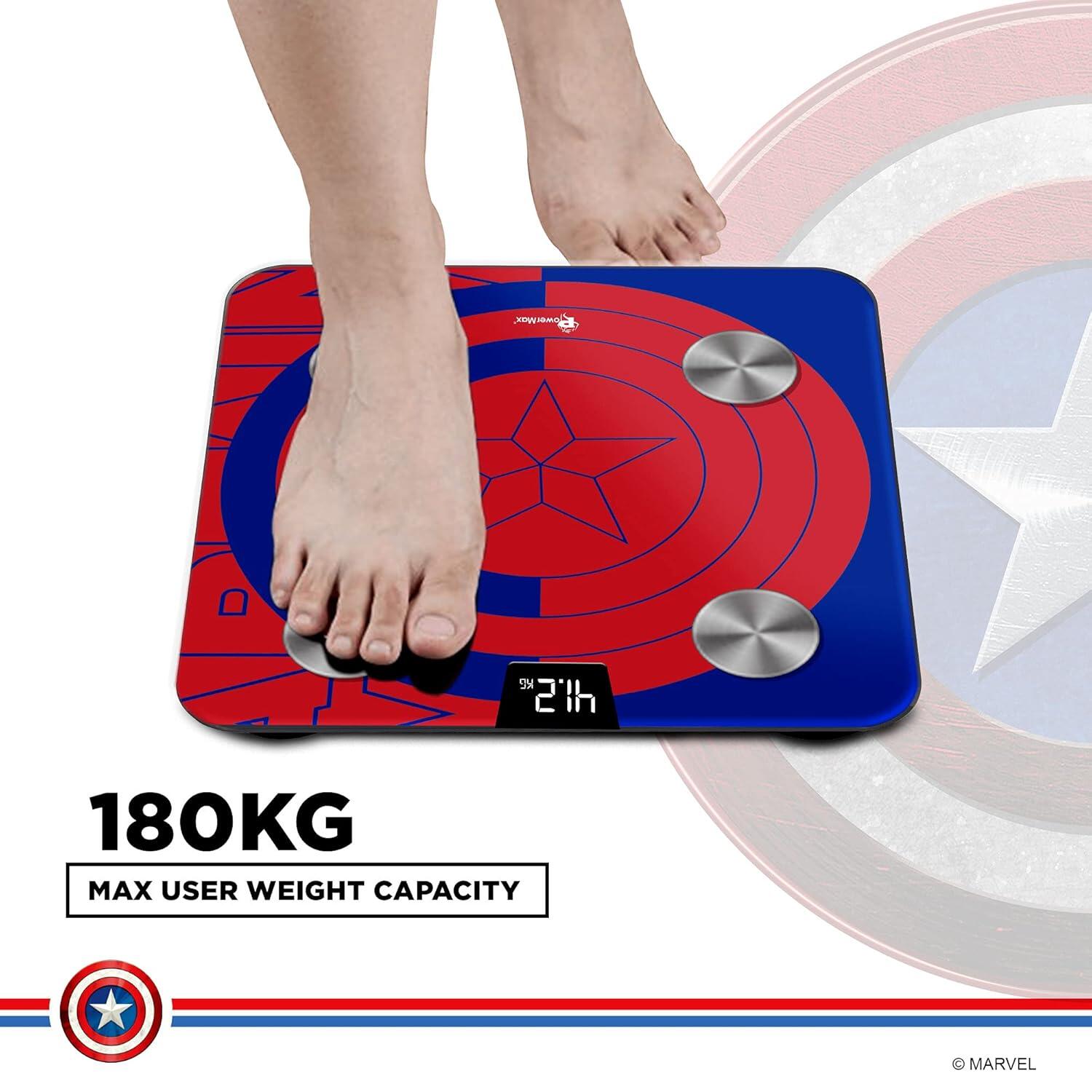 PowerMax X Marvel BCA-130 Marvel Edition Blue Captain America Digital Weight Machine for Human Body - High Accuracy Bathroom Weighing Scale with Step-on Technology & Super Durable 6mm Tempered Glass