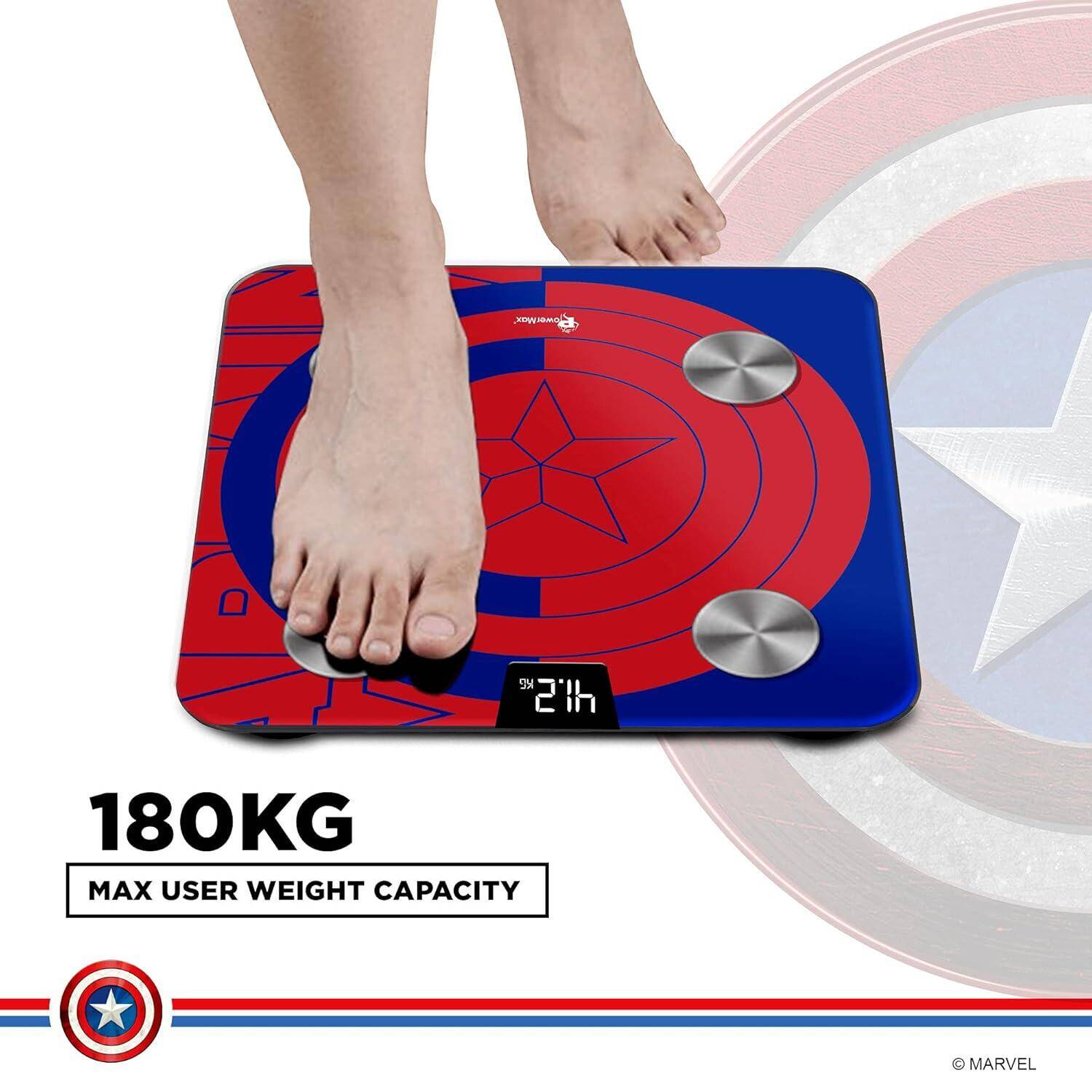 PowerMax X Marvel BCA-130 Marvel Edition Blue Captain America Digital Weight Machine for Human Body - High Accuracy Bathroom Weighing Scale with Step-on Technology & Super Durable 6mm Tempered Glass -  3