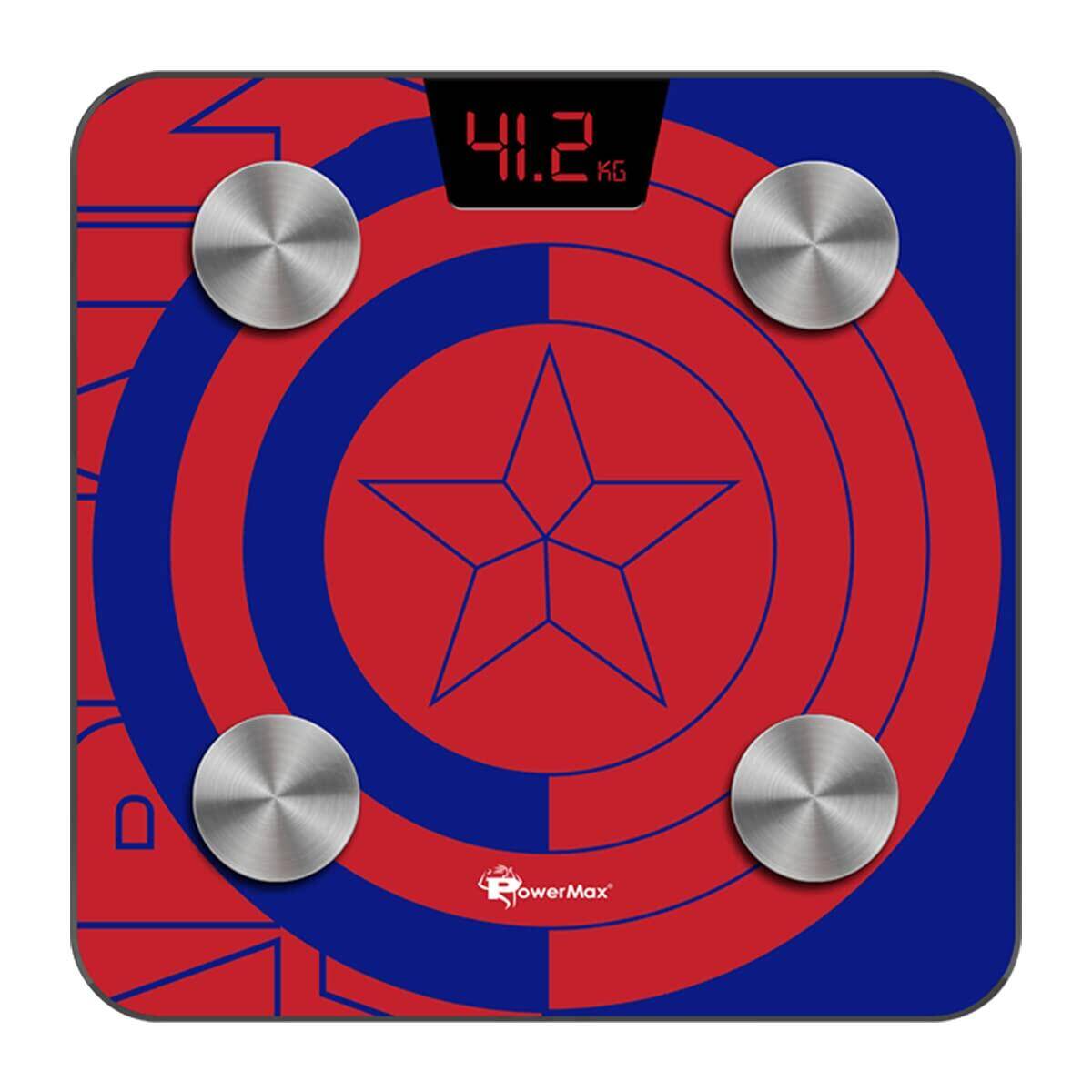PowerMax X Marvel BCA-130 Marvel Edition Blue Captain America Digital Weight Machine for Human Body - High Accuracy Bathroom Weighing Scale with Step-on Technology & Super Durable 6mm Tempered Glass -  1