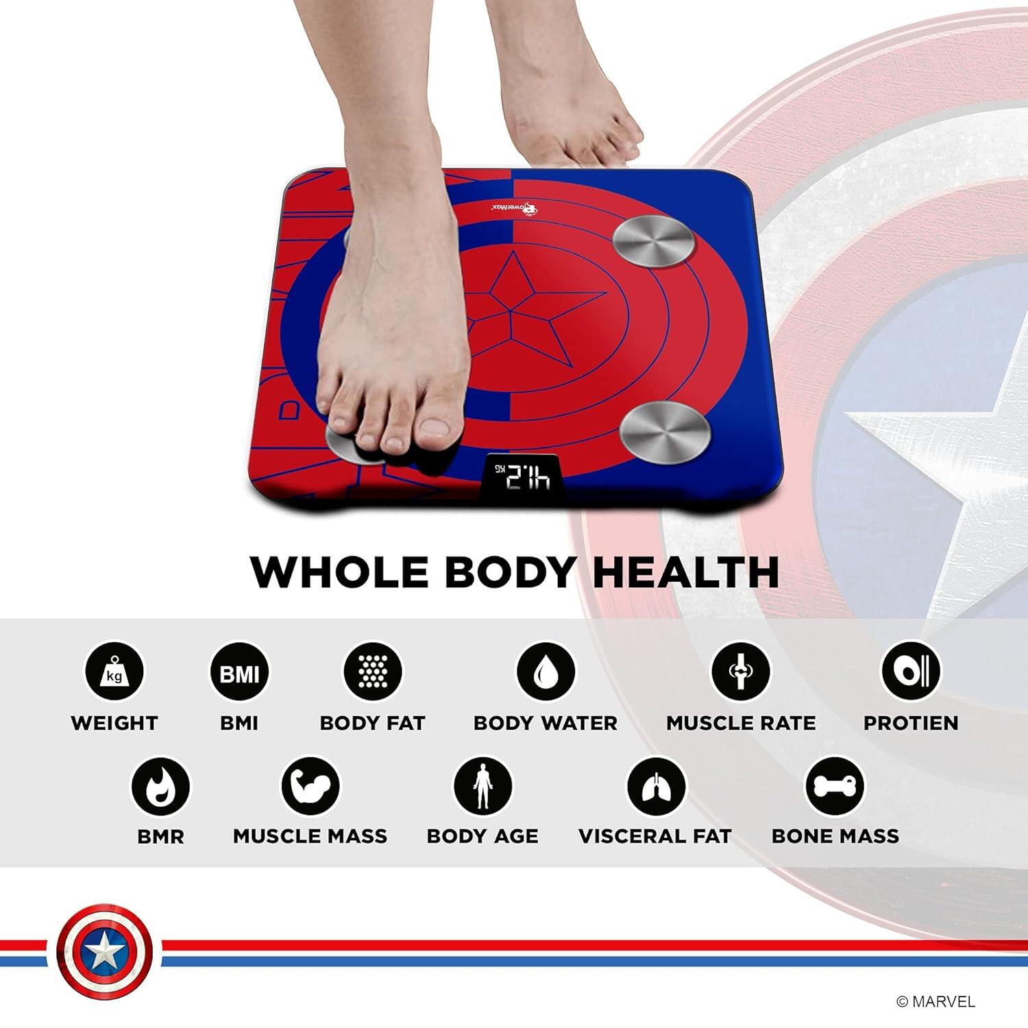 PowerMax X Marvel BCA-130 Marvel Edition Blue Captain America Digital Weight Machine for Human Body - High Accuracy Bathroom Weighing Scale with Step-on Technology & Super Durable 6mm Tempered Glass