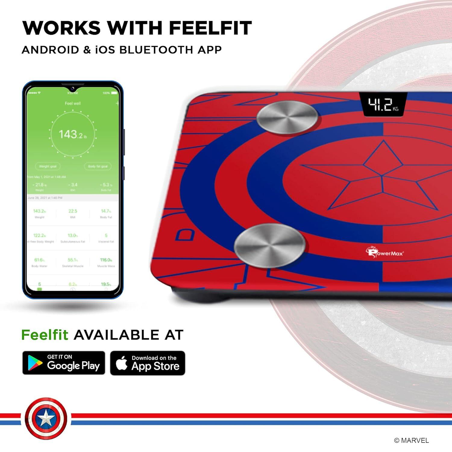 PowerMax X Marvel BCA-130 Marvel Edition Blue Captain America Digital Weight Machine for Human Body - High Accuracy Bathroom Weighing Scale with Step-on Technology & Super Durable 6mm Tempered Glass