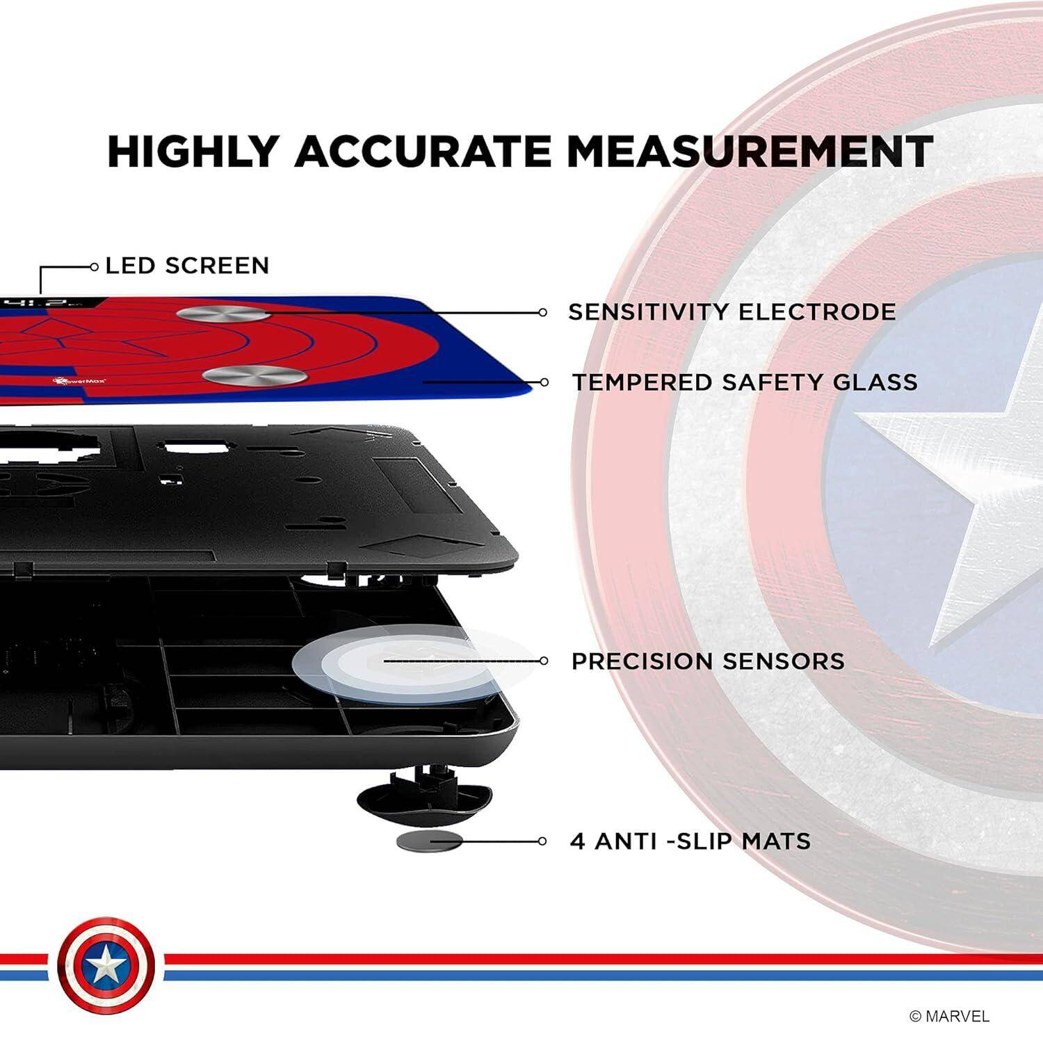 PowerMax X Marvel BCA-130 Marvel Edition Blue Captain America Digital Weight Machine for Human Body - High Accuracy Bathroom Weighing Scale with Step-on Technology & Super Durable 6mm Tempered Glass -  4