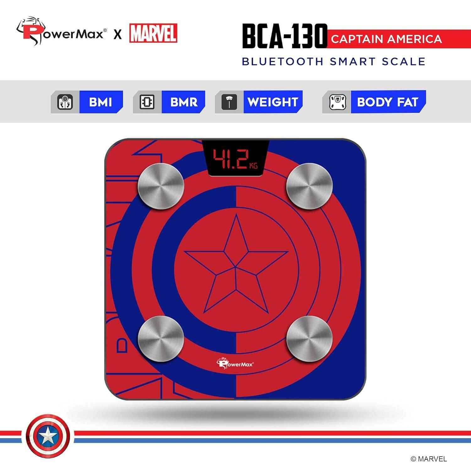 PowerMax X Marvel BCA-130 Marvel Edition Blue Captain America Digital Weight Machine for Human Body - High Accuracy Bathroom Weighing Scale with Step-on Technology & Super Durable 6mm Tempered Glass -  2