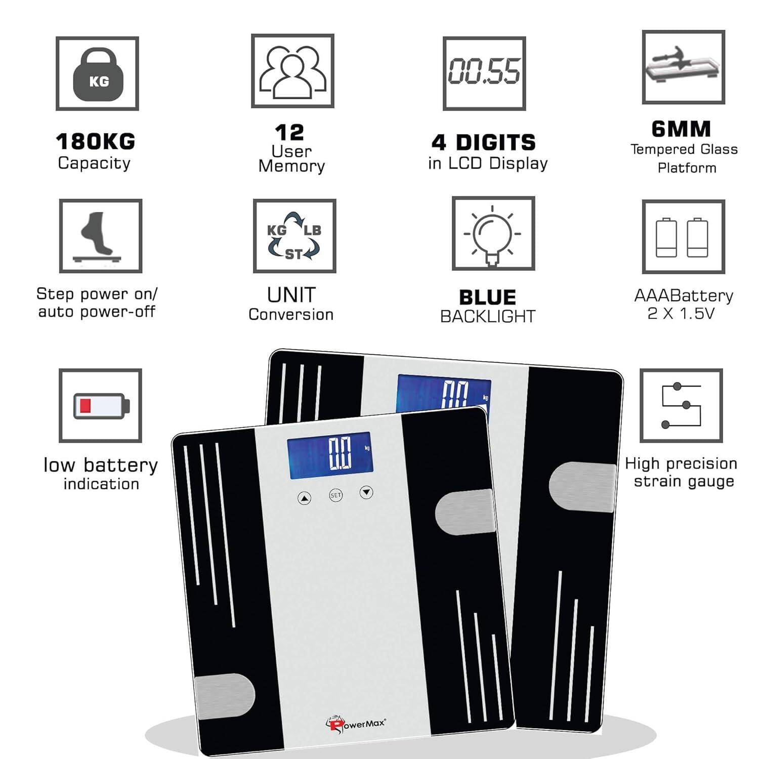 PowerMax Fitness® Multi-User Digital Body Fat Scale - Smart BMI & Weight Scale, Body Composition Analyser with 12 User Memory, Human Body Capacity (Model: BCA-07) -  2