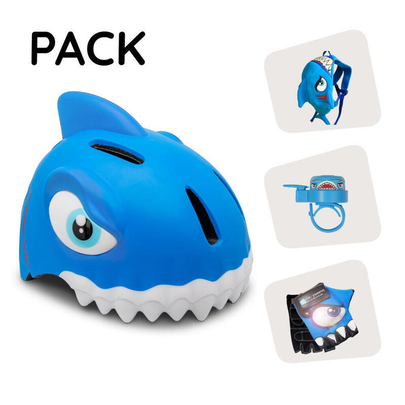 Crazy Safety pack - Casque Requin Bleu pour enfants, sac à dos, sonnette, gants