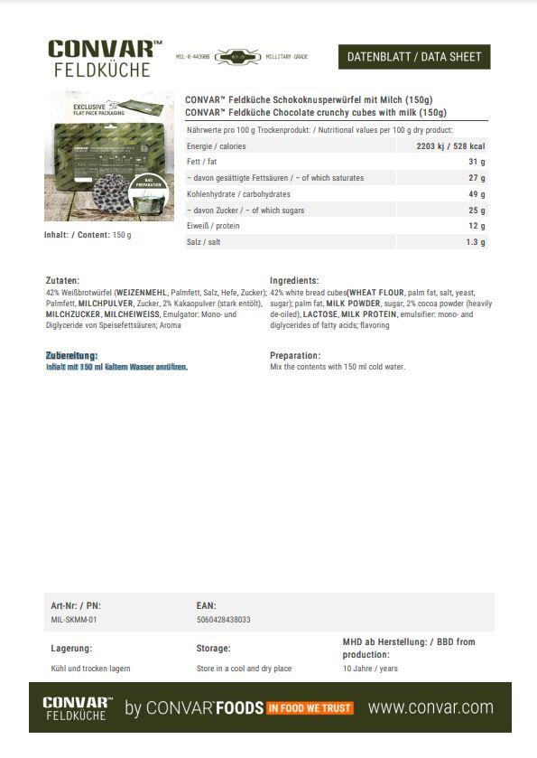 CONVAR™ Feldküche Schokoknusperwürfel mit Milch (150g) Trekkingnahrung 5/6