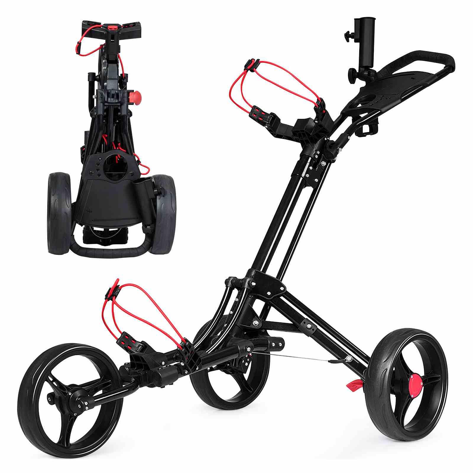 Folding 3 Wheel Golf Push Cart w/ Elastic Straps & Umbrella Holder