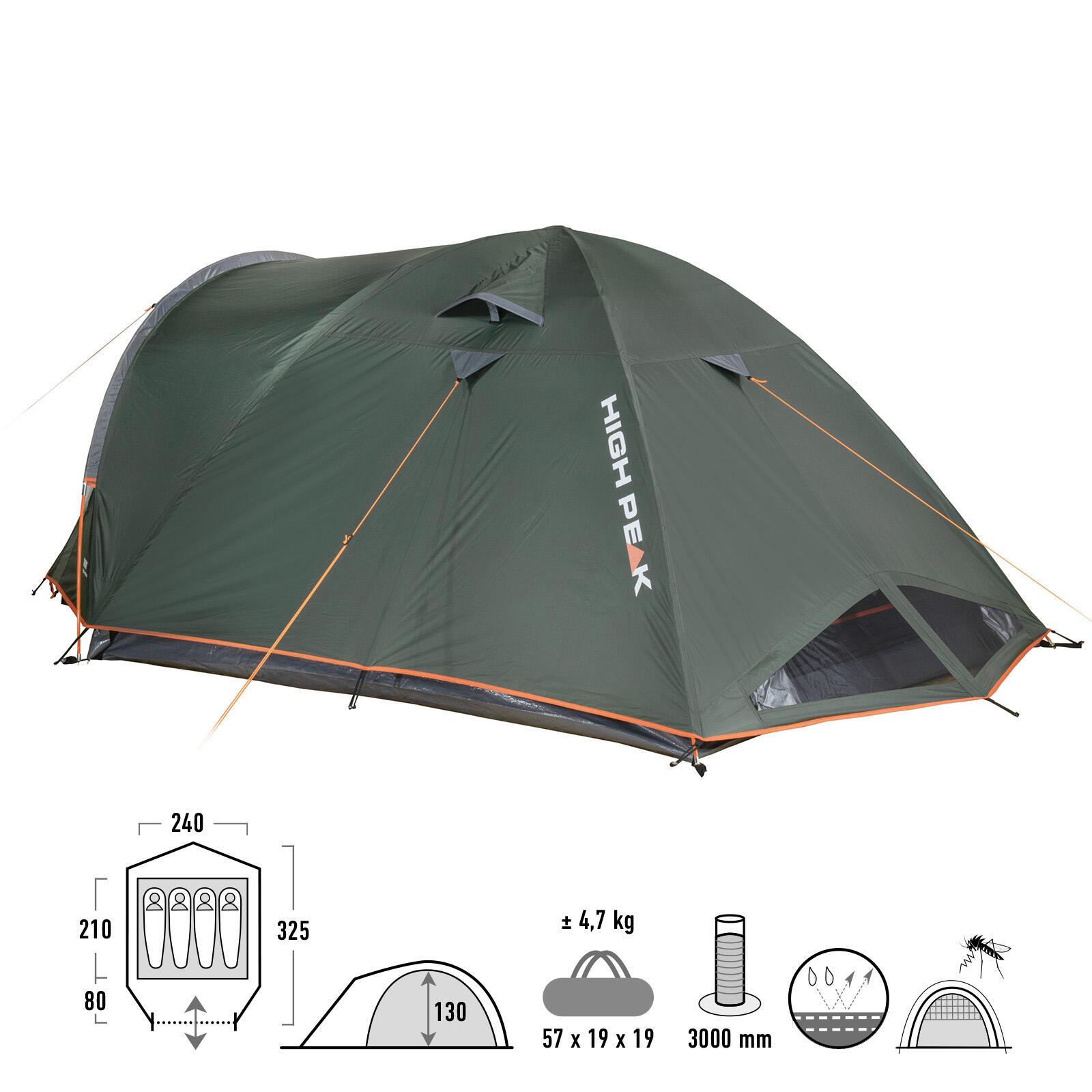 Tenda cúpula High Peak Nevada 4.1, para 4 pessoas, sem PFC, proteção solar UV 80 2/8