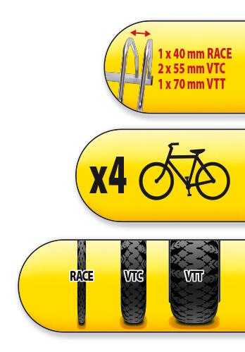 Râtelier 4 vélos - 3 largeurs de pneus différentes 3/4