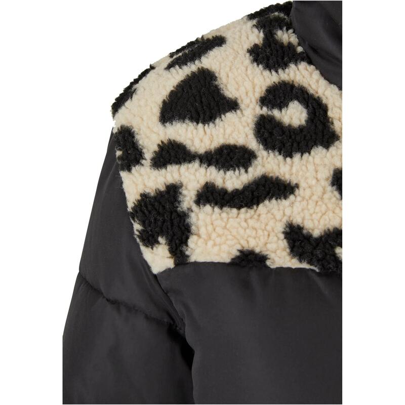 Casaco Acolchoado Sherpa Padrão Leopardo Mulher Preto / Areia