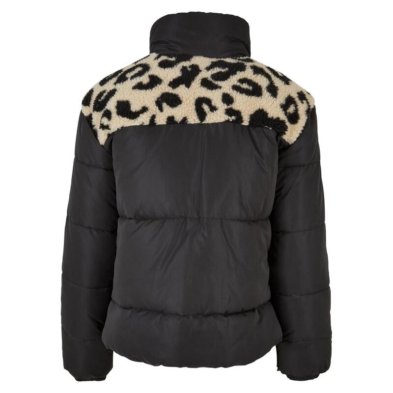 Dames Sherpa Pufferjas met luipaardprint (Zwart/Zand)