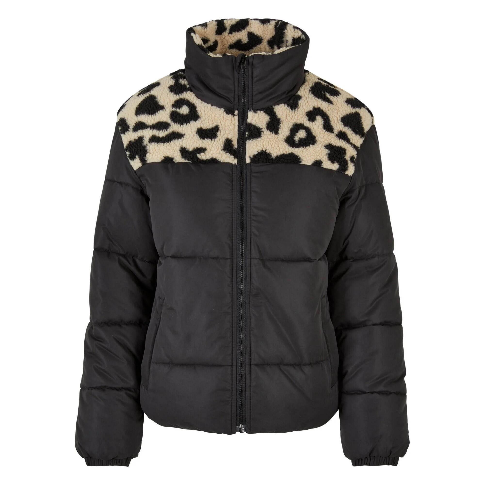 Casaco Acolchoado Sherpa Padrão Leopardo Mulher Preto / Areia