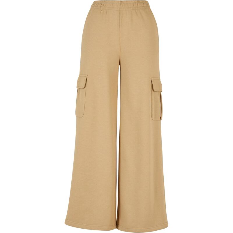 Dames Badstof Hoge Taille Wijde Been Cargo Broek (Beige)