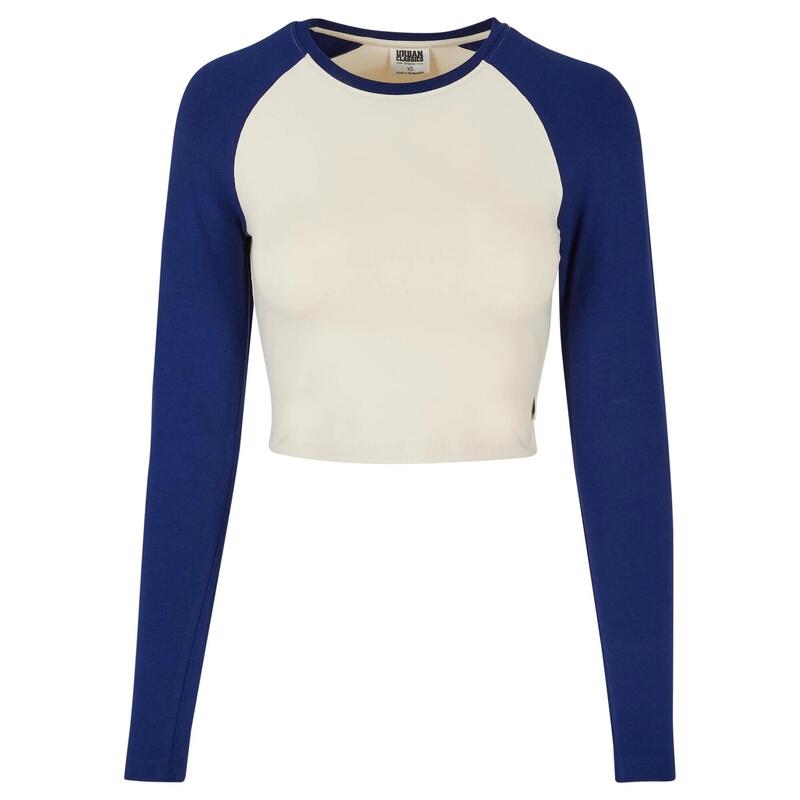 Dames Retro Organic Crop Tshirt met lange mouwen (Wit zand/ruimteblauw)