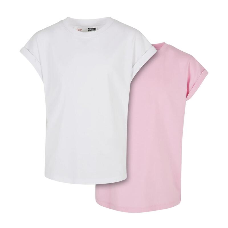 Meisjes Bio Verlengd Schouder Tshirt (Set van 2) (Wit/Roze)