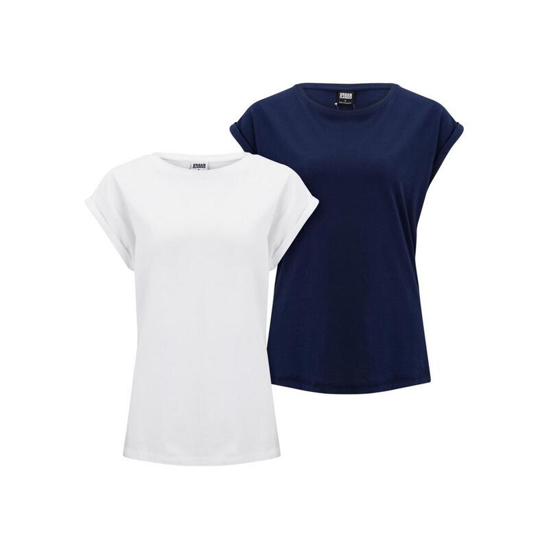 Dames PrePack Verlengd Schouder Tshirt (Set van 2) (Wit/Donkerblauw)