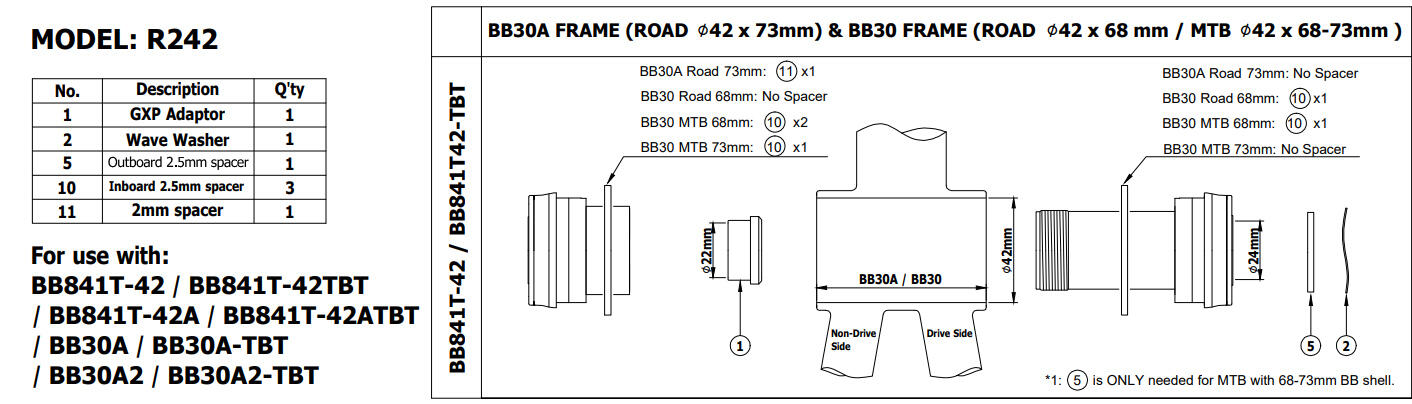 Suport rowerowy TOKEN BB841T-42GXP Rama: BB30 (42mm) Korba: SRAM GXP (24/22mm) 3/4