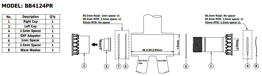 Suport rowerowy TOKEN NINJA BB4124PR  BB86/BB89.5/BB32 Korba SRAM GXP 3/7