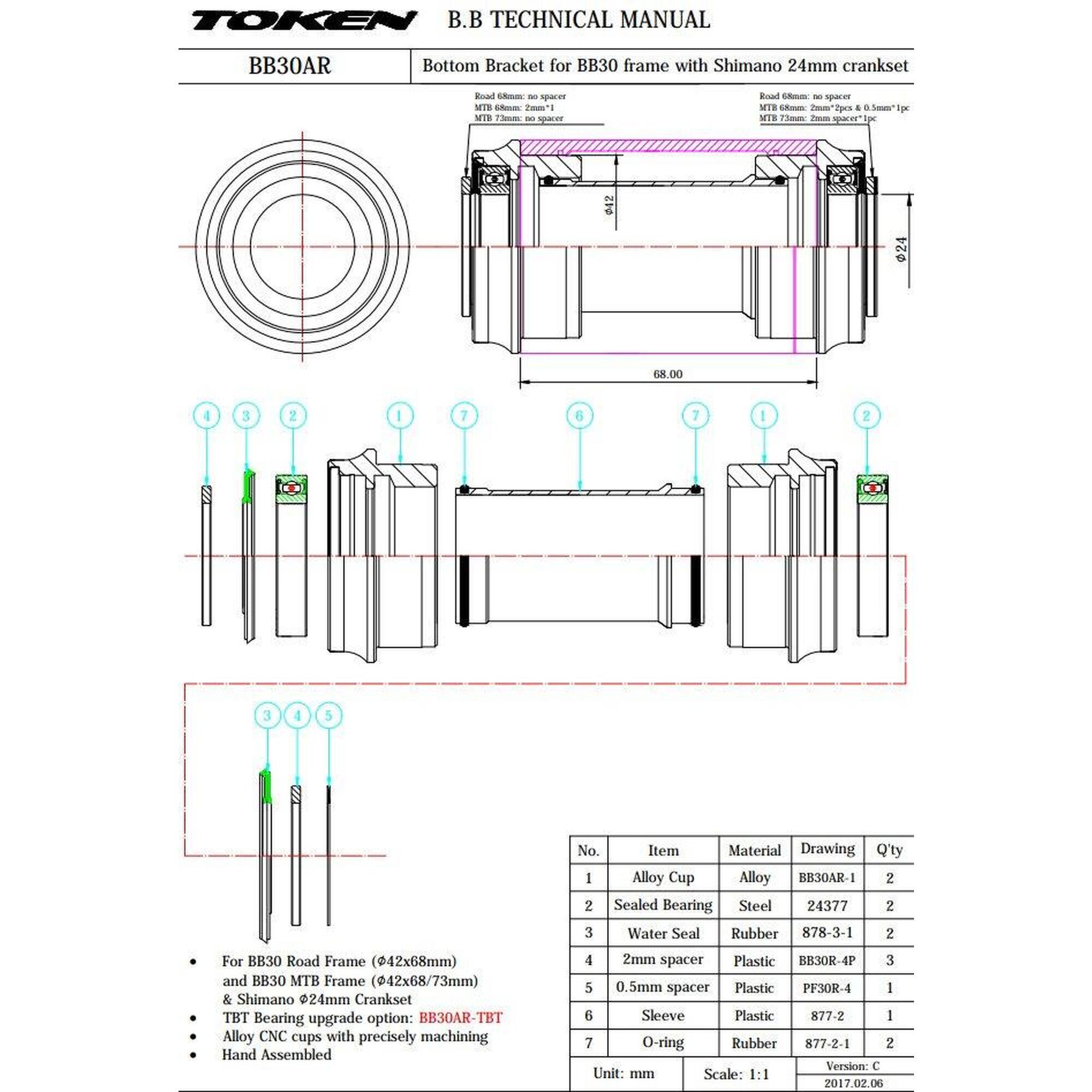 Suport rowerowy TOKEN BB30AR Rama: BB30 (42mm) Korba: Shimano (24mm)
