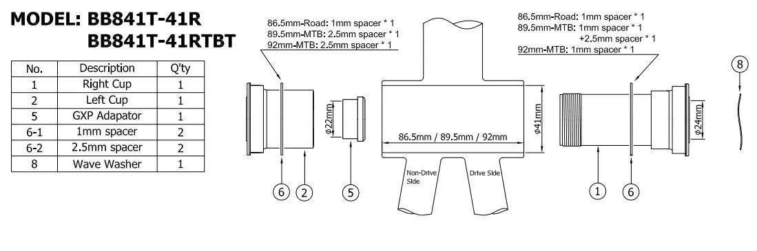 Suport rowerowy TOKEN NINJA BB841T-41GXP  BB86/BB89.5/BB32 Korba SRAM GXP 3/7