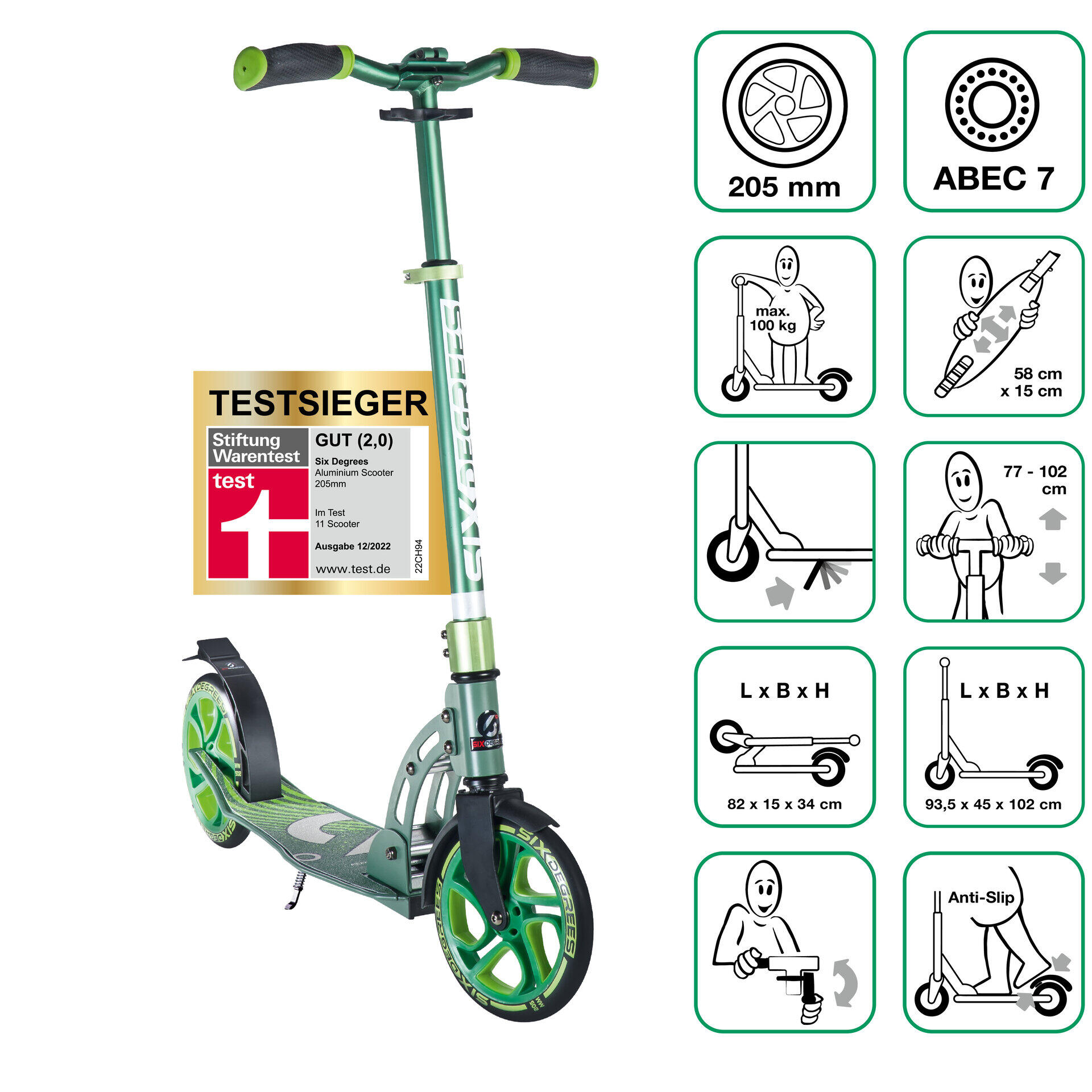 SIX DEGREES SIX DEGREES Aluminium Scooter 205 mm grün -TESTSIEGER-