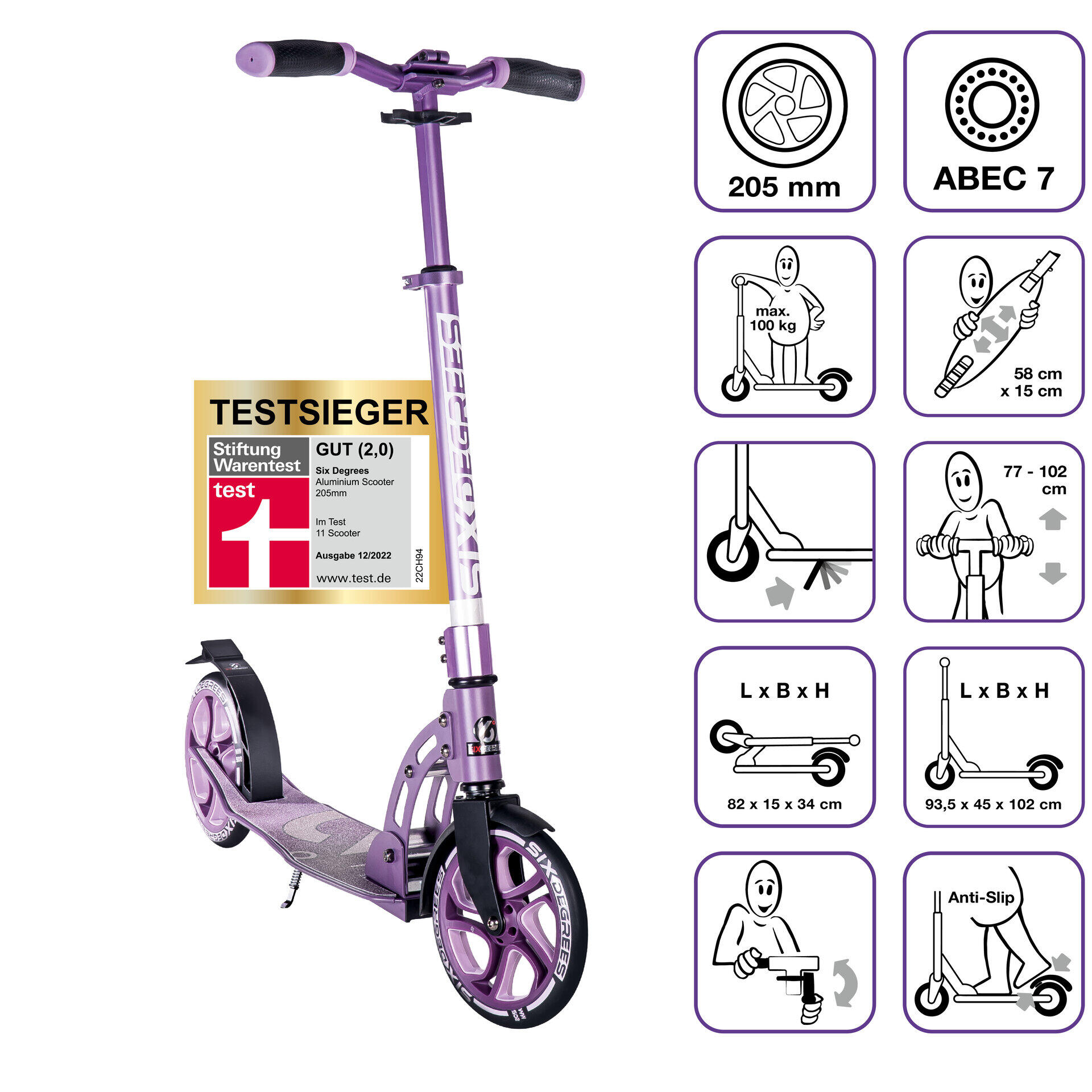 SIX DEGREES SIX DEGREES Aluminium Scooter 205 mm lila -TESTSIEGER-