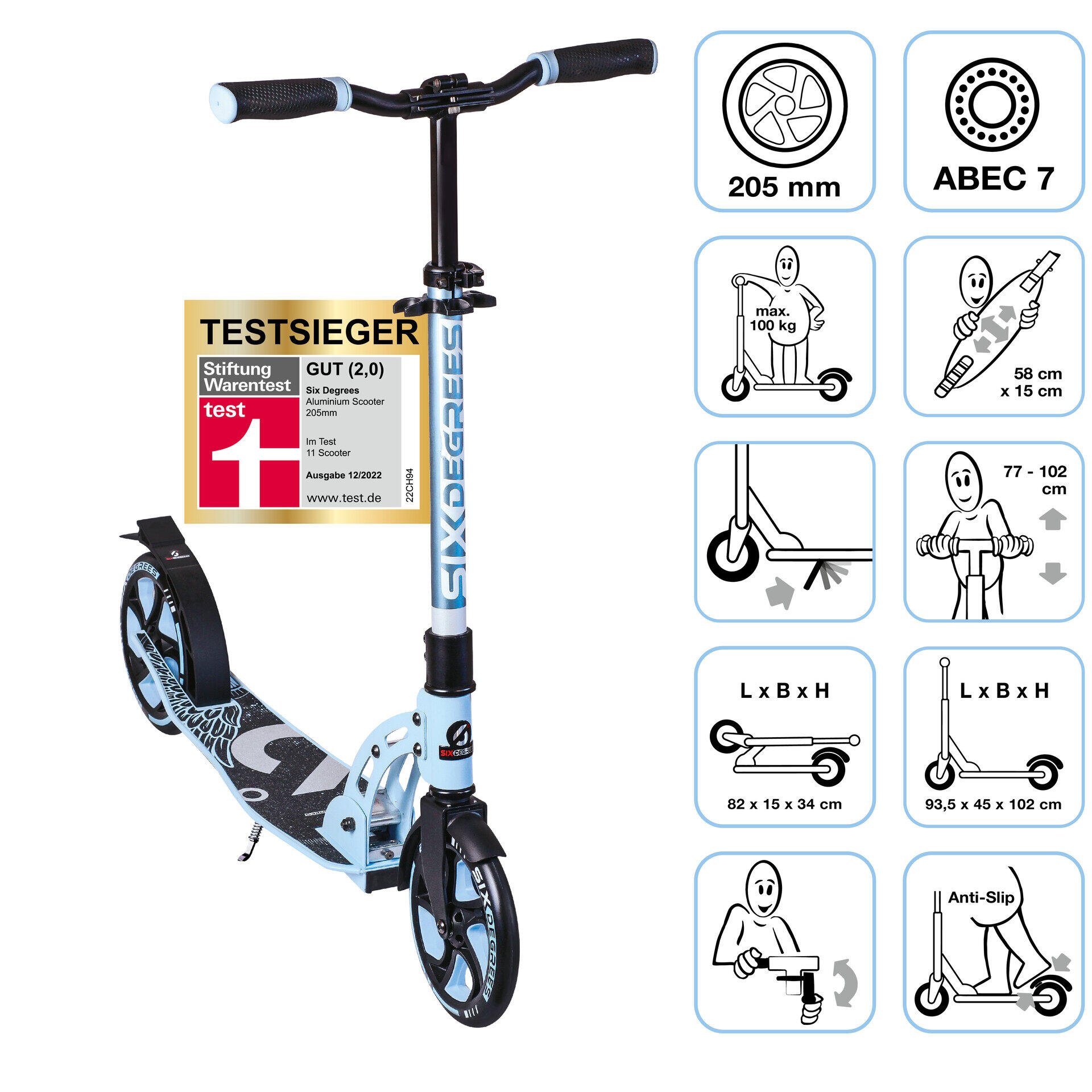 SIX DEGREES SIX DEGREES Aluminium Scooter 205 mm pastell-blau -TESTSIEGER-