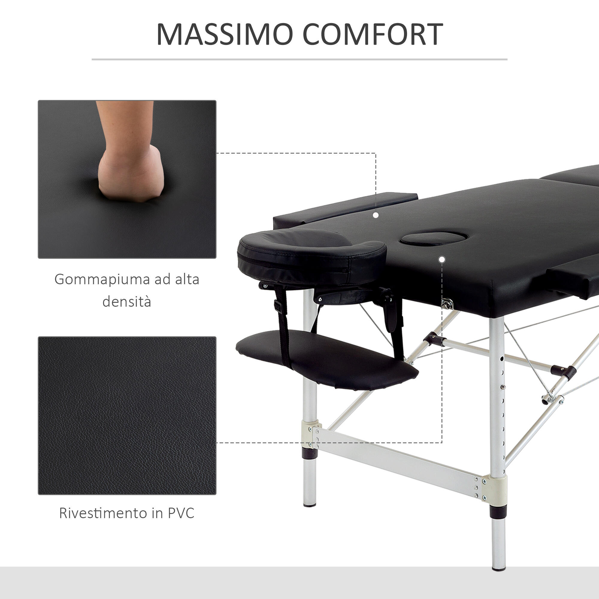HOMCOM Lettino Massaggio Pieghevole (Max 225 kg) Custodia Trasporto Inclusa 6/7