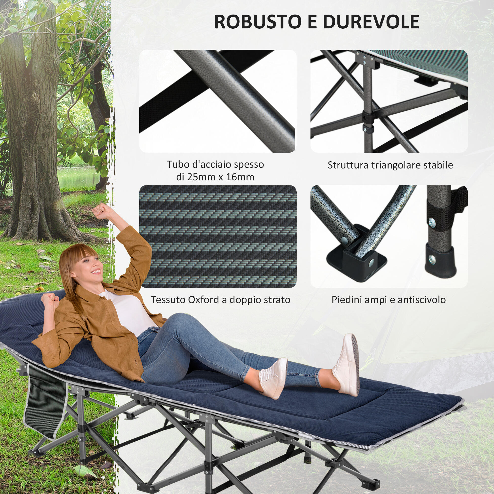 Outsunny Lettino Pieghevole da Campeggio con Borsa Trasporto 188x64.5x53cm Blu 5/8