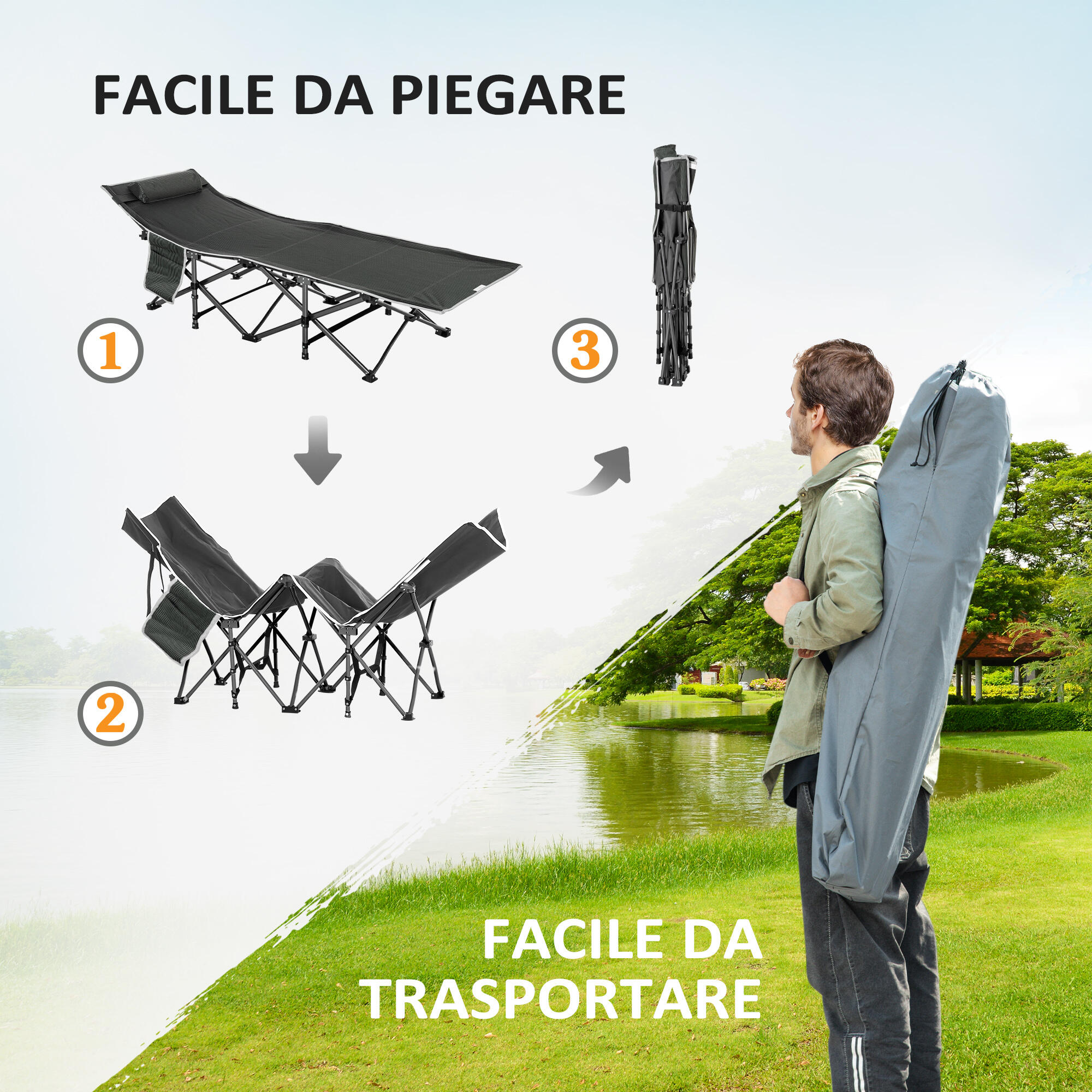 Outsunny Lettino Pieghevole da Campeggio con Borsa Trasporto 188x64.5x53cm Blu 6/8