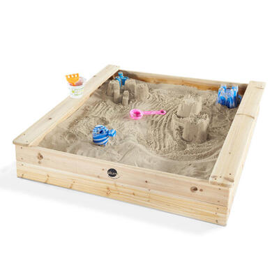 Plum quadratischer Sandkasten aus Holz mit Sitzbank. natur