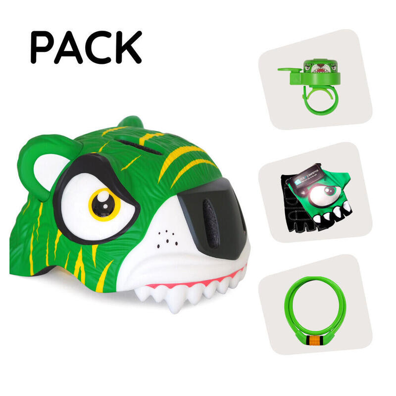 Crazy Safety Pack Casque | Tigre Vert - Casque, Cadenas, Sonnette & Gants