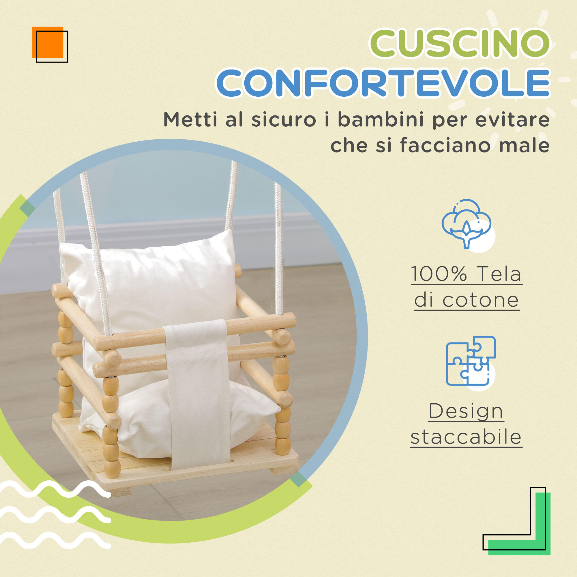 AIYAPLAY Altalena per Bambini 9-36 Mesi in Legno e Cotone con Cuscino 4/7