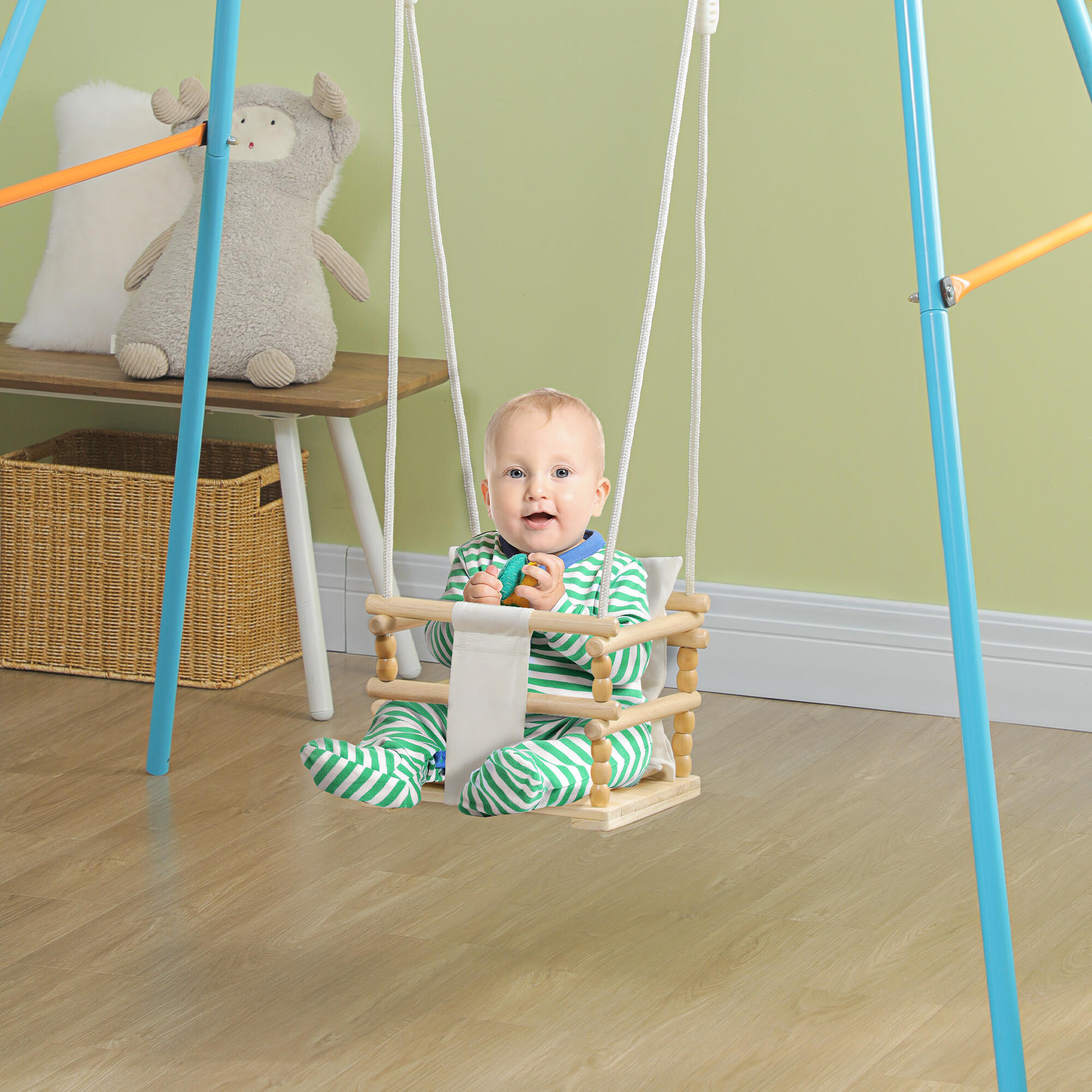 AIYAPLAY Altalena per Bambini 9-36 Mesi in Legno e Cotone con Cuscino 2/7