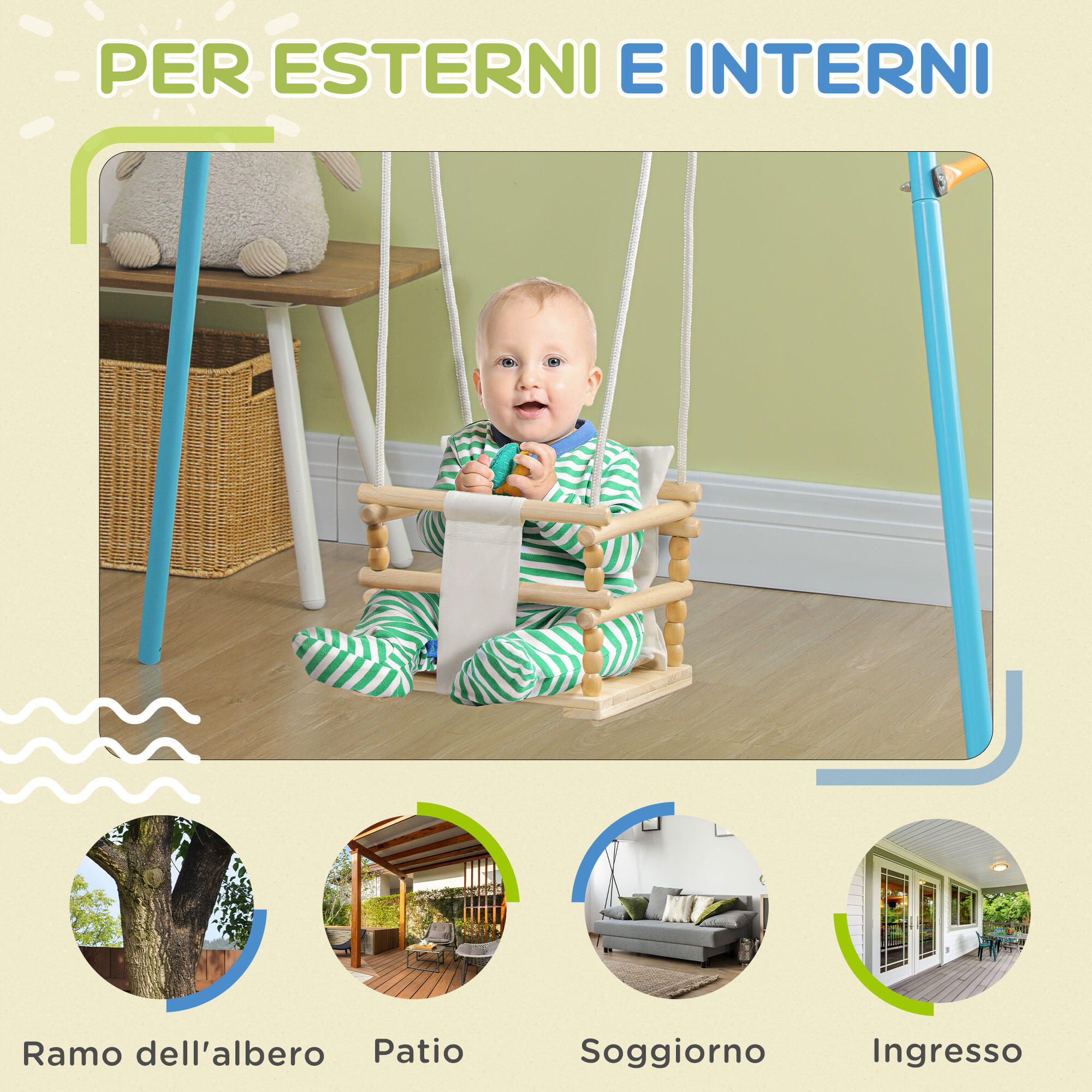 AIYAPLAY Altalena per Bambini 9-36 Mesi in Legno e Cotone con Cuscino 7/7