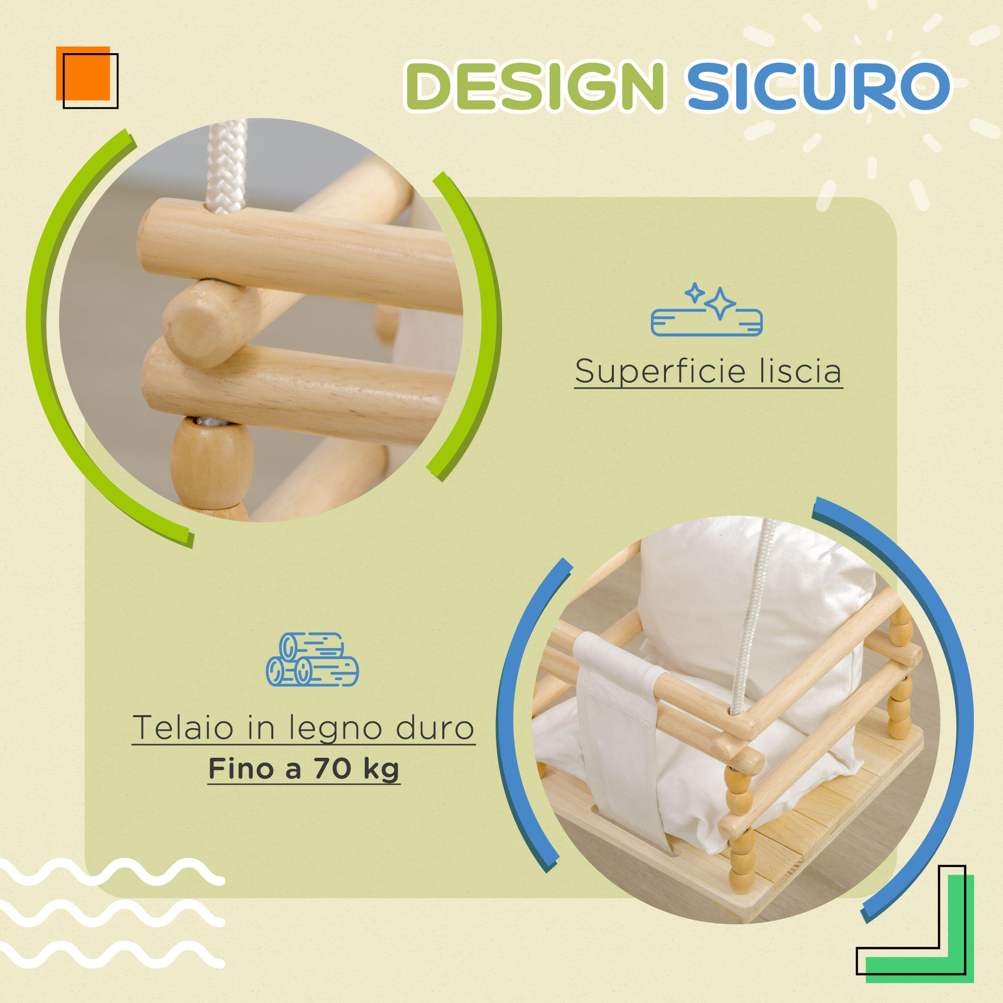 AIYAPLAY Altalena per Bambini 9-36 Mesi in Legno e Cotone con Cuscino 6/7