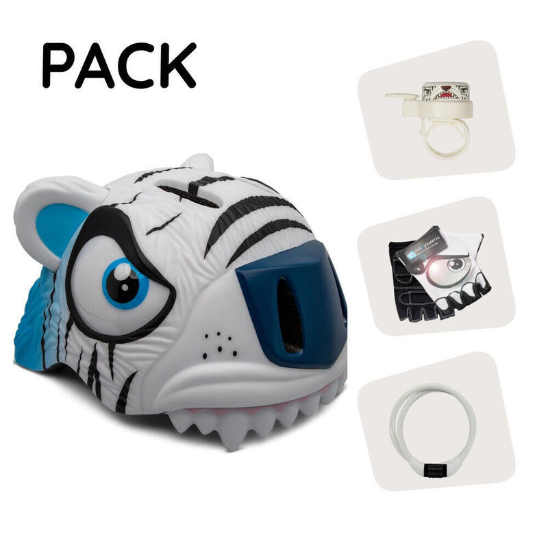 Crazy Safety Pack Casco | Tigre Blanco - Casco, Candado, Timbre & Guantes