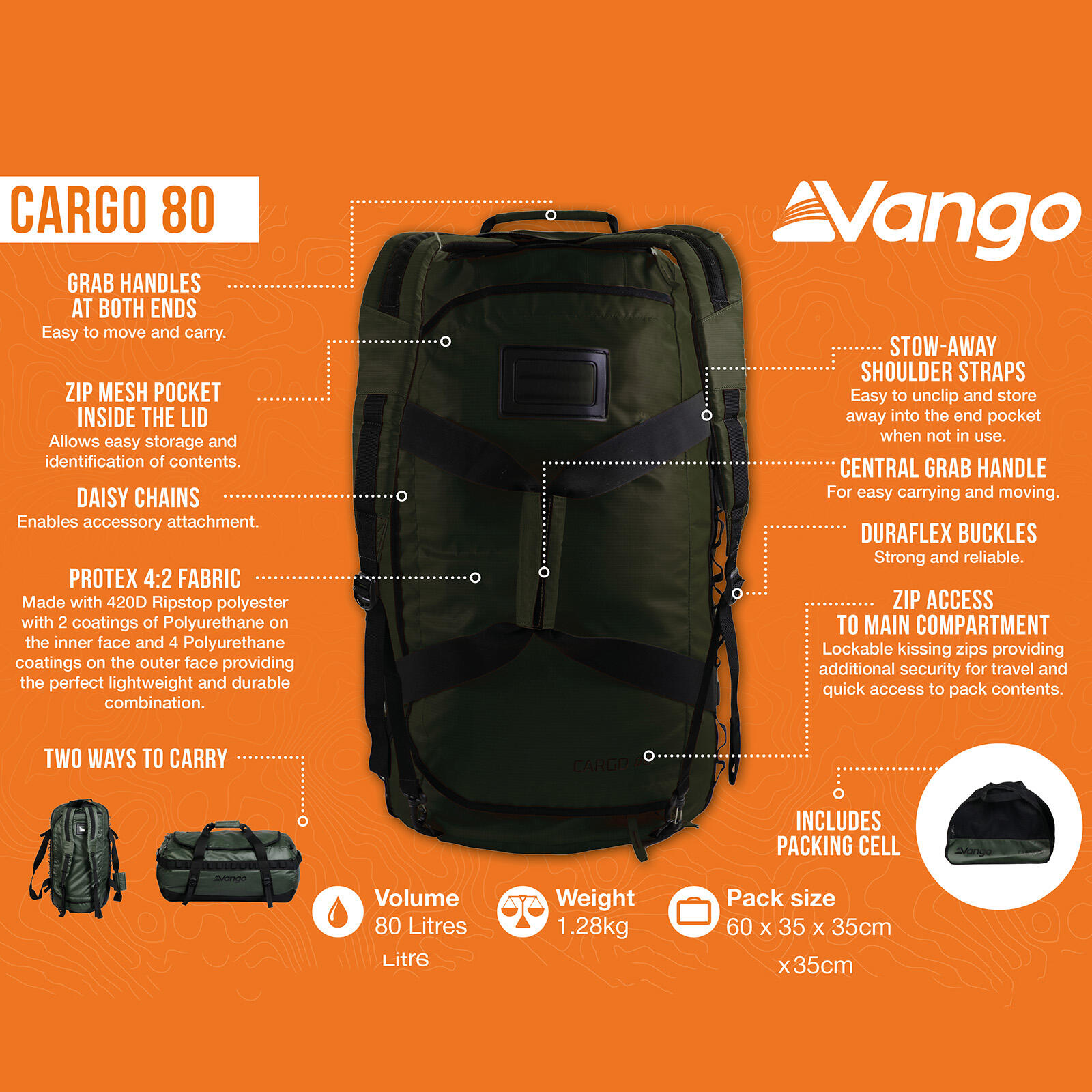 Reisetasche Cargo 80 Duffle Bag Camping Rucksack Transport Tasche Tragbar 2/7