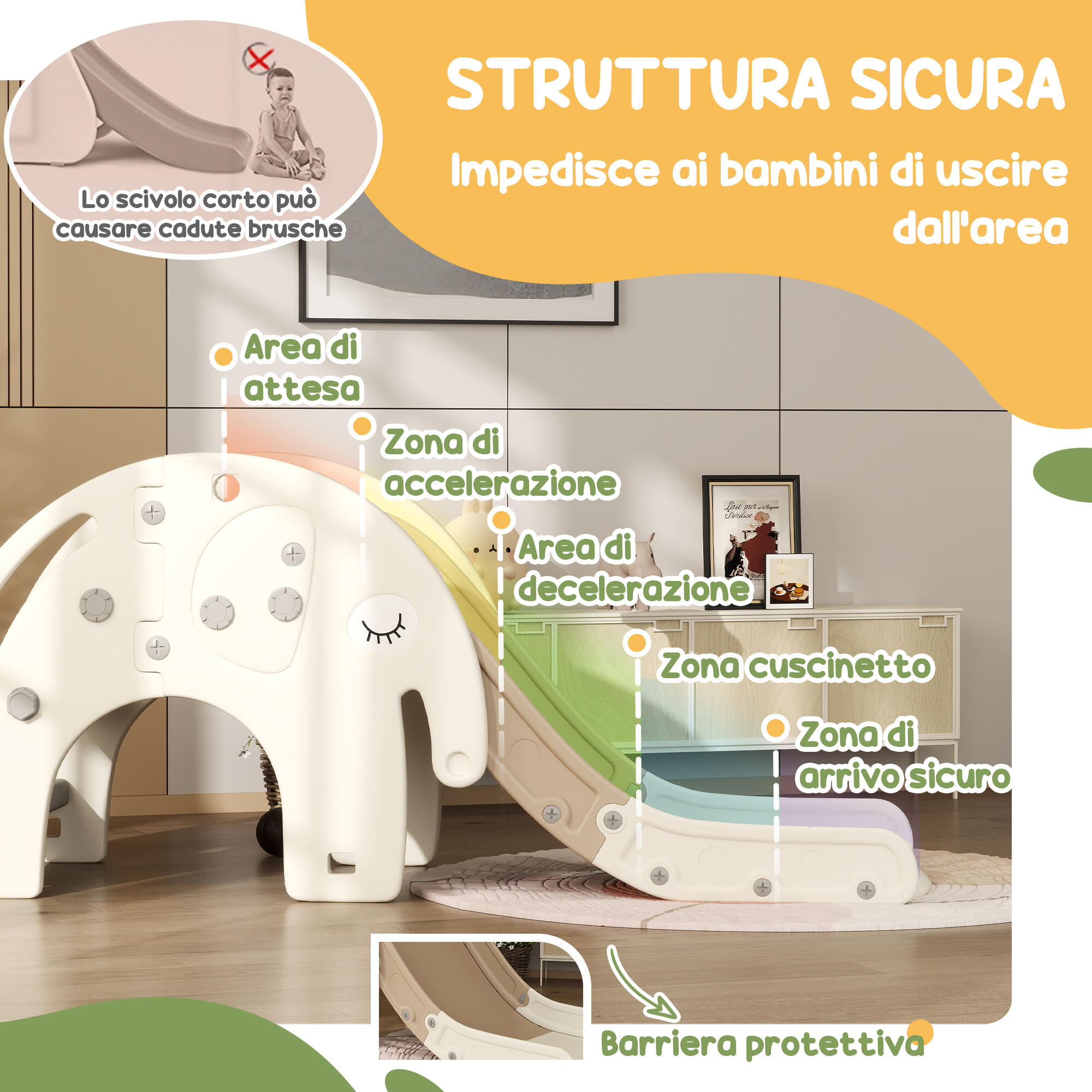 AIYAPLAY Scivolo per Bambini con Canestro e Design a Elefante Età 1-3 Anni Crema 5/7