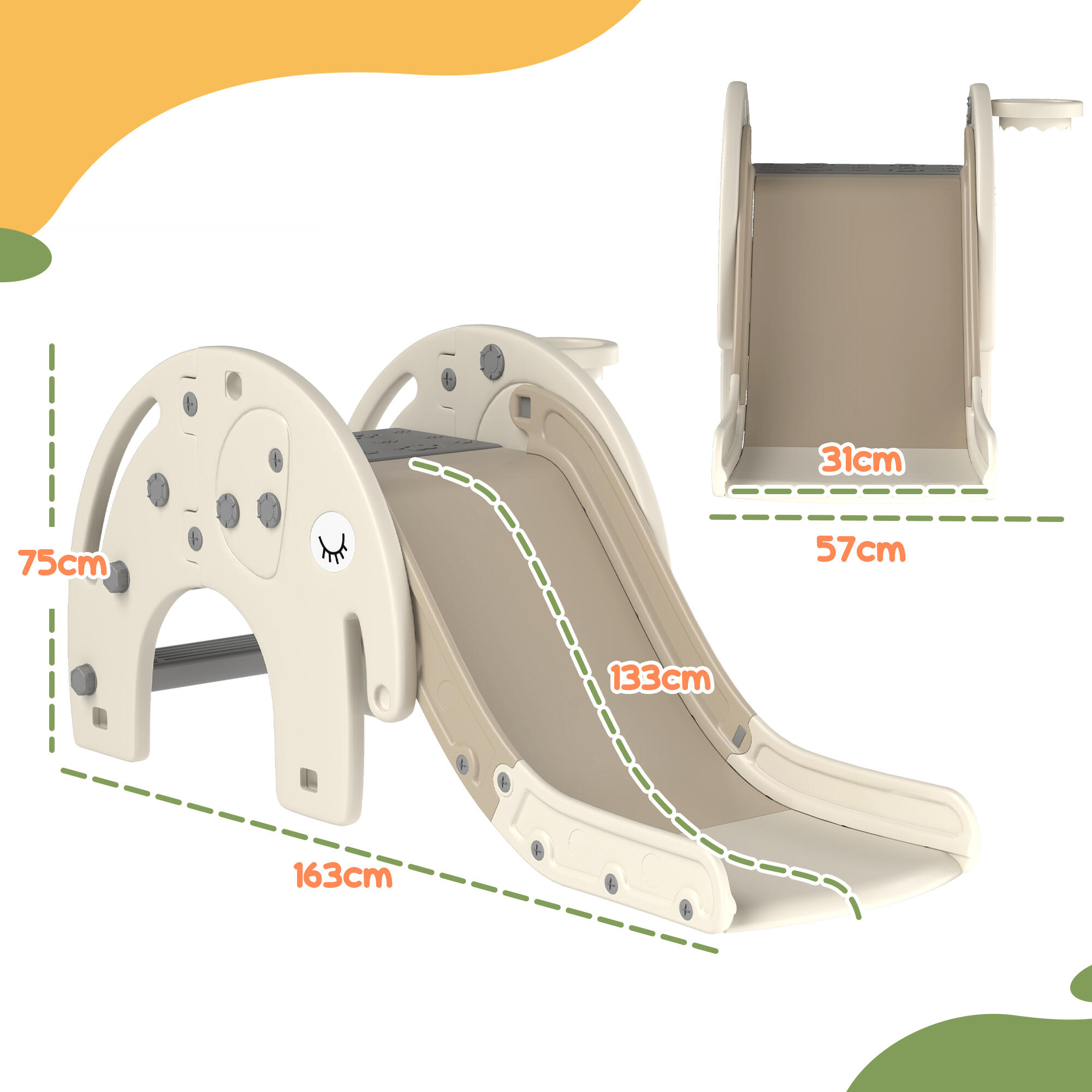 AIYAPLAY Scivolo per Bambini con Canestro e Design a Elefante Età 1-3 Anni Crema 3/7