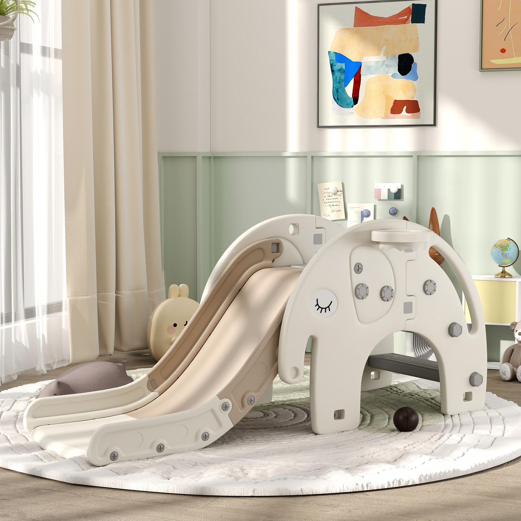 AIYAPLAY Scivolo per Bambini con Canestro e Design a Elefante Età 1-3 Anni Crema 2/7