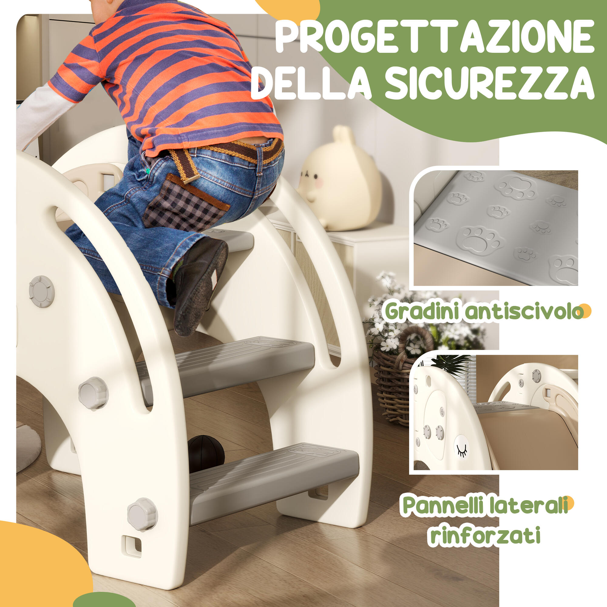 AIYAPLAY Scivolo per Bambini con Canestro e Design a Elefante Età 1-3 Anni Crema 6/7