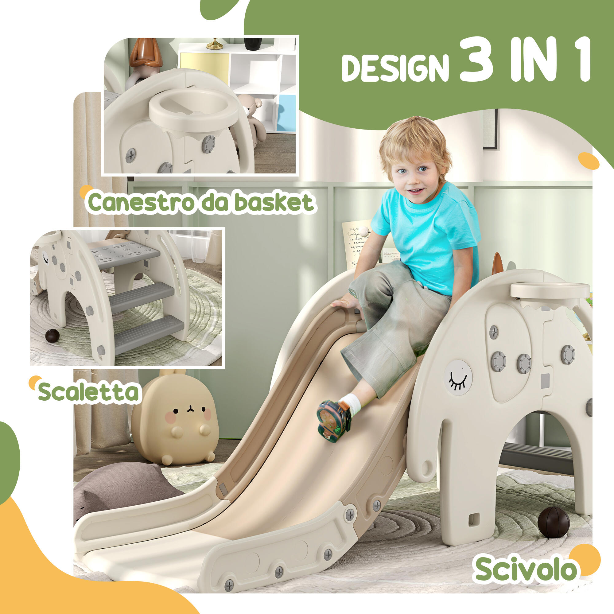 AIYAPLAY Scivolo per Bambini con Canestro e Design a Elefante Età 1-3 Anni Crema 4/7