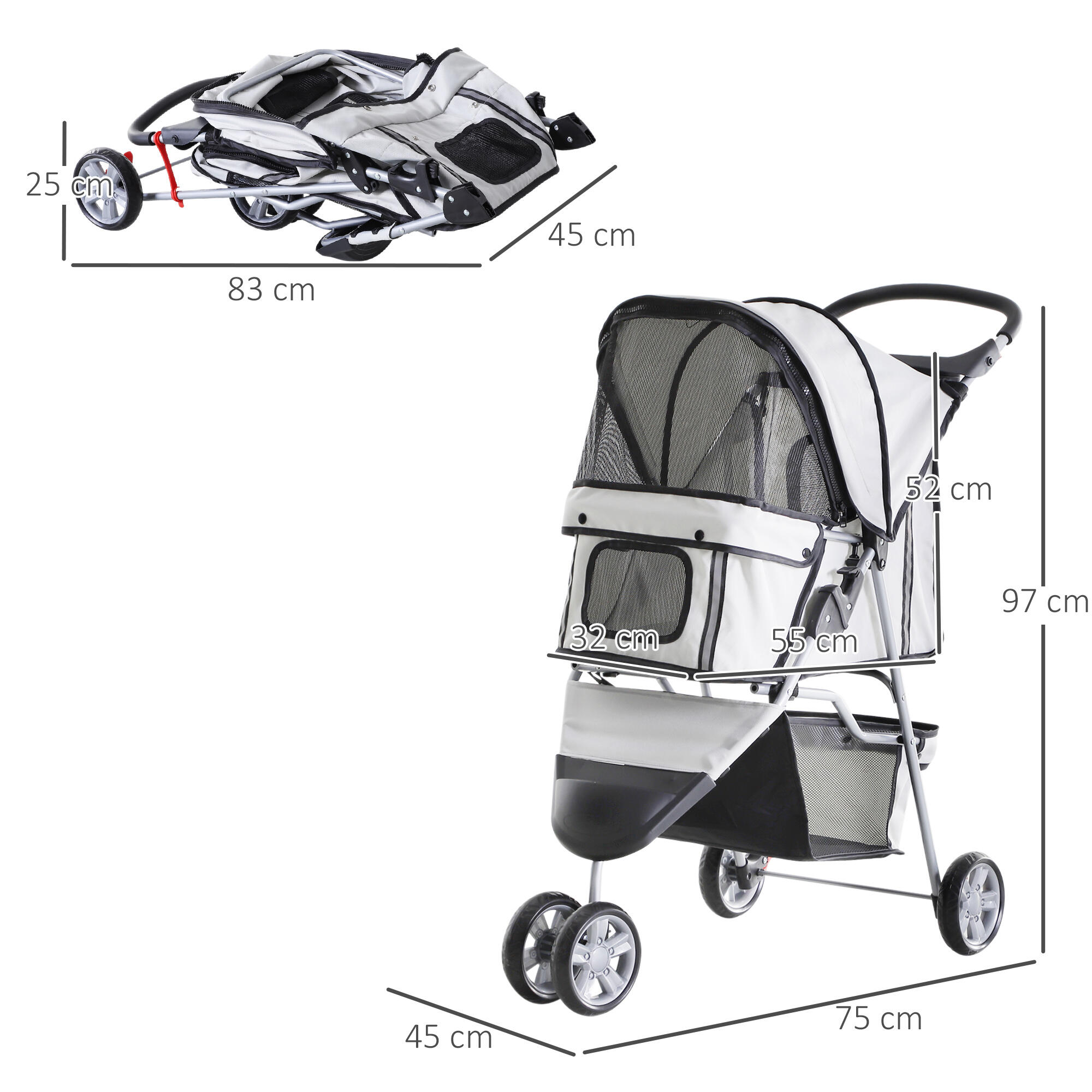 Cochecito para Perro y Gato PawHut 75x45x97 cm Gris 3/7