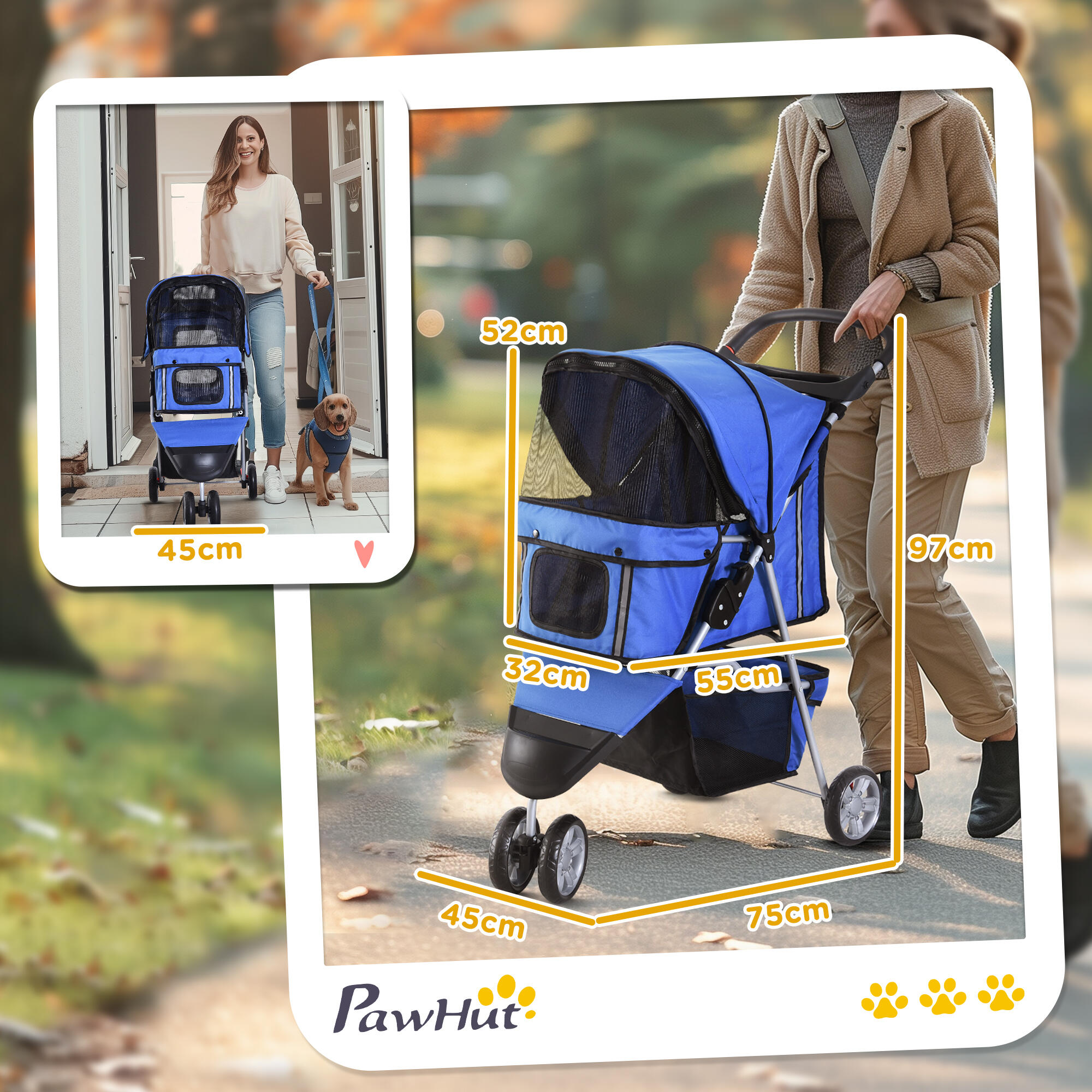 Cochecito para Perro y Gato PawHut 75x45x97 cm Azul 3/7