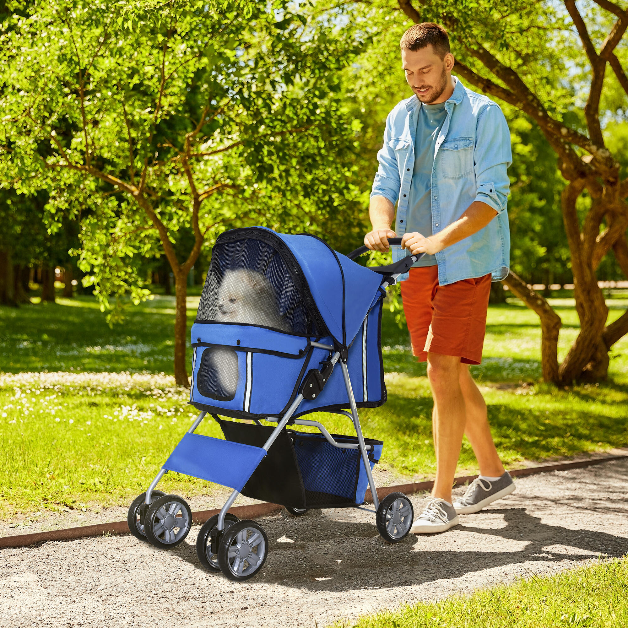 Cochecito para Perro y Gato PawHut 75x45x97 cm Azul 2/6