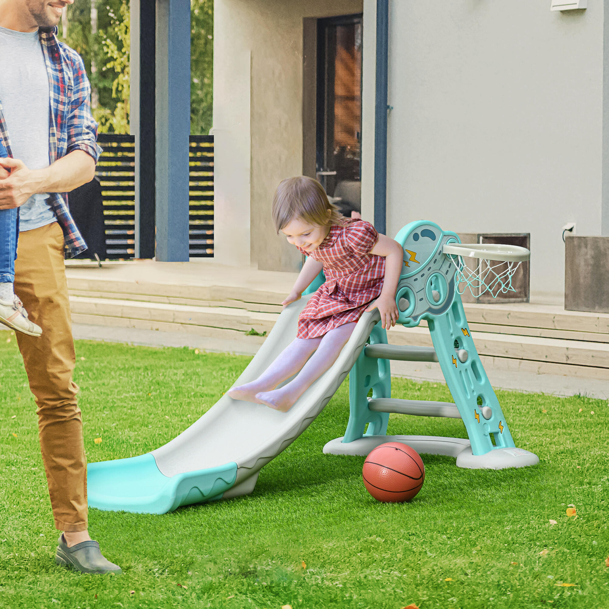 HOMCOM Scivolo per Bambini da 18 Mesi Pieghevole con Canestro Basket 140x87x75cm 2/7