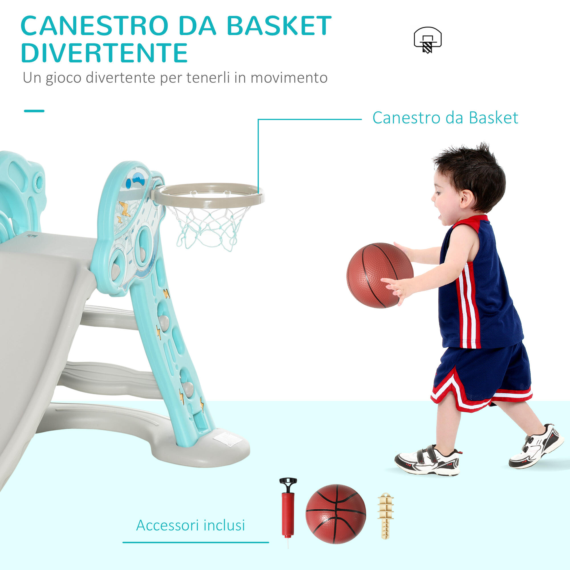 HOMCOM Scivolo per Bambini da 18 Mesi Pieghevole con Canestro Basket 140x87x75cm 7/7