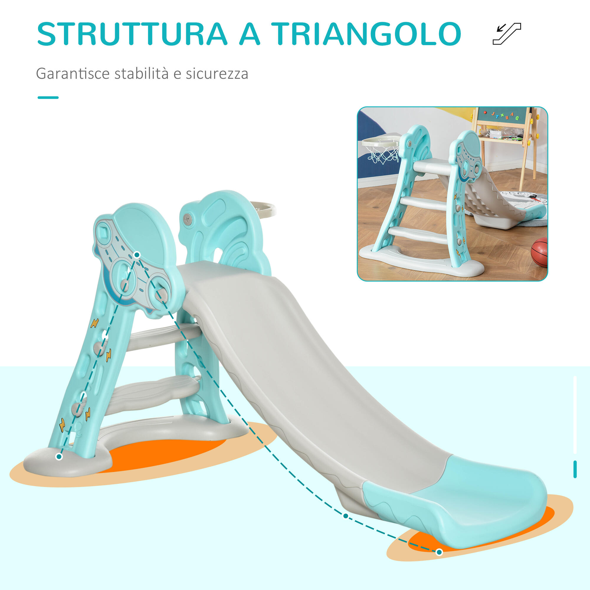 HOMCOM Scivolo per Bambini da 18 Mesi Pieghevole con Canestro Basket 140x87x75cm 5/7