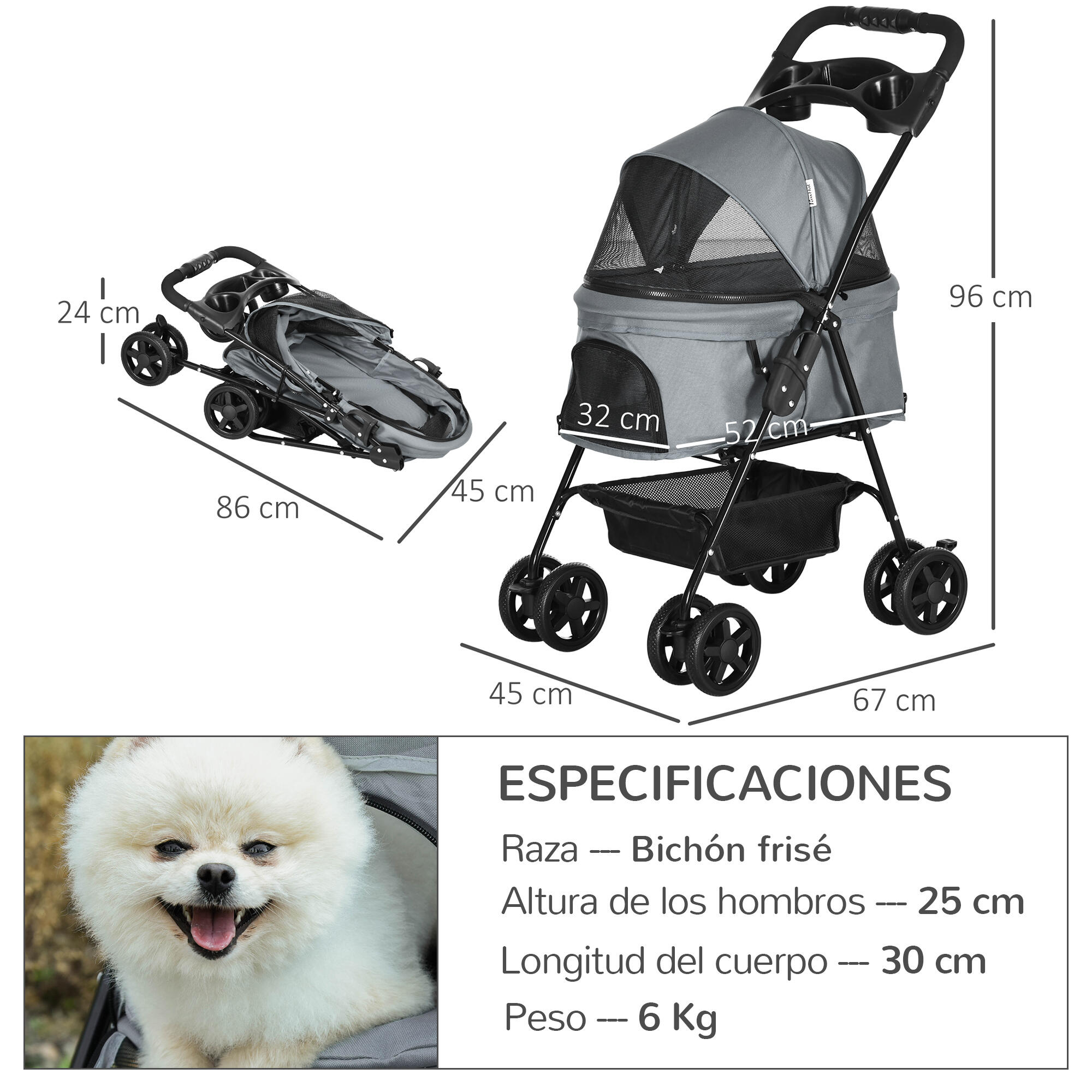 Cochecito para Mascotas PawHut 67x45x96 cm Gris 3/7